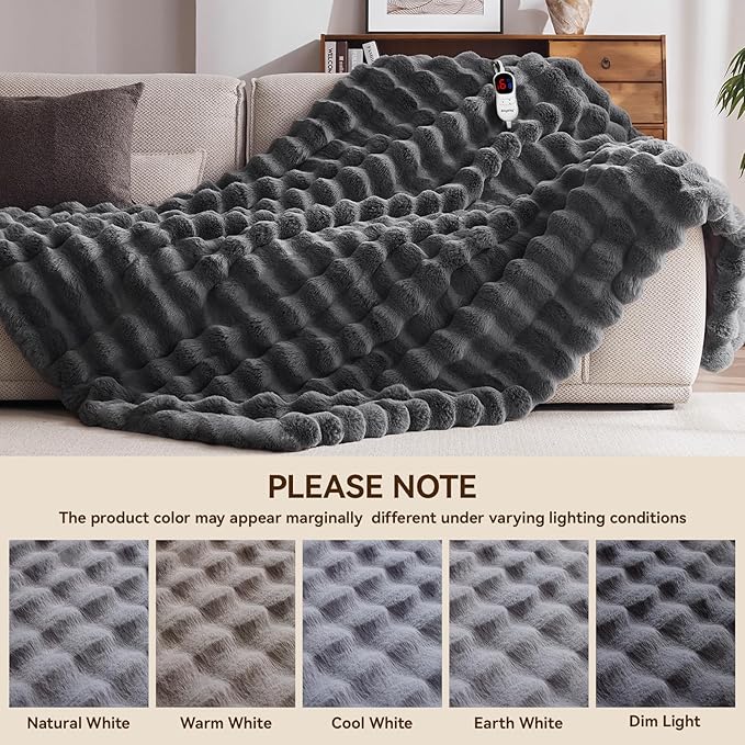 Heated Blanket Full Size with 1/2/4/6/8 Hours Auto-Off 10 Heat Level, 62'' * 84'' Cozy Faux Rabbit Fur Bubble Electric Blanket with Overheat Protection(Dark Grey)