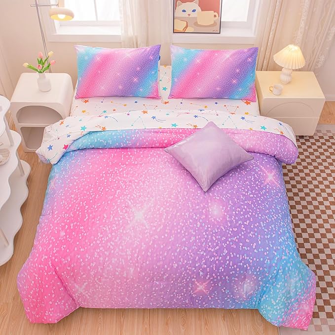 Rainbow Bedding Set Twin Size โ 6-Piece Reversible Girls Comforter with Deep-Pocket Sheet, Gradient Galaxy Design, Whole-Piece Filling, Machine Washable Bed-in-a-Bag for Kids Room Makeover & Gifts