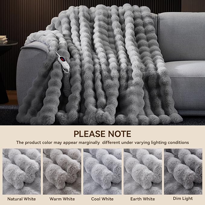 Heated Blanket Full Size with 1/2/4/6/8 Hours Auto-Off 10 Heat Level, 62'' * 84'' Cozy Faux Rabbit Fur Bubble Electric Blanket with Overheat Protection(Light Grey)