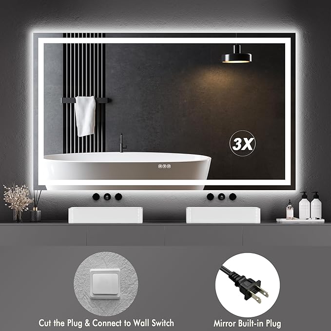 GarveeHome 60x36 LED Bathroom Mirror with Lights, Dimmable, Anti-Fog, Backlit + Front Lit, Smart Bathroom Vanity Mirror for Wall, Memory Function, Shatter-Proof (Horizontal/Vertical)