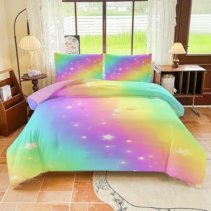 Rainbow Bedding Set Full Size โ 5 Piece Reversible Girls Comforter with Deep-Pocket Sheet, Gradient Galaxy Design, Whole-Piece Filling, Machine Washable Bed-in-a-Bag for Kids Room Makeover & Gifts