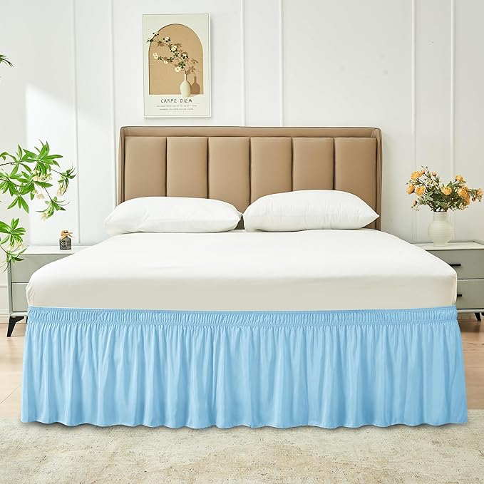 Biscaynebay Wrap Around Bed Skirts for Twin & Twin XL Beds 15" Drop, Light Blue Adjustable Elastic Dust Ruffles Easy Fit Wrinkle & Fade Resistant Silky Luxurious Fabric Machine Washable