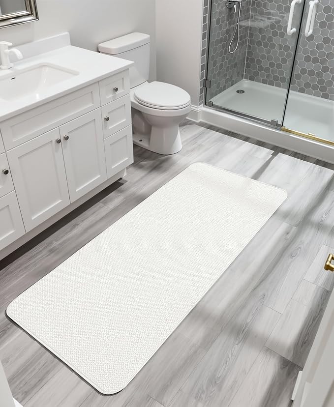 Bath Mat,Ultra Thin Bathroom Runner Rugs,Large Bath Mats for Bathroom,Quick Dry,Non-Slip,Machine Washable,Low Pile,Bath Rug,Shower Outside,Sink,Home Decor Accessories.White,1'5"x4'11"(17x59inch)