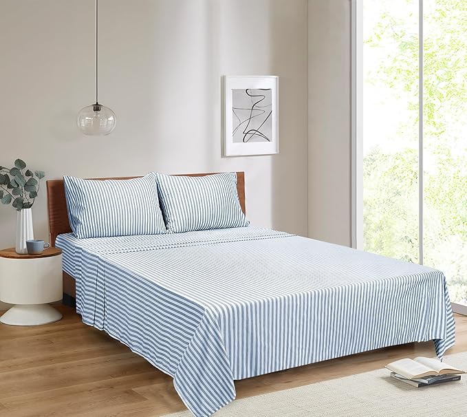 Mejoroom Striped King Size Sheet Set - Soft Microfiber Bed Sheets,Deep Pocket Fitted Sheet, Soft, Breathable, Wrinkle & Fade Resistant - 4 Piece (Blue Stripe)