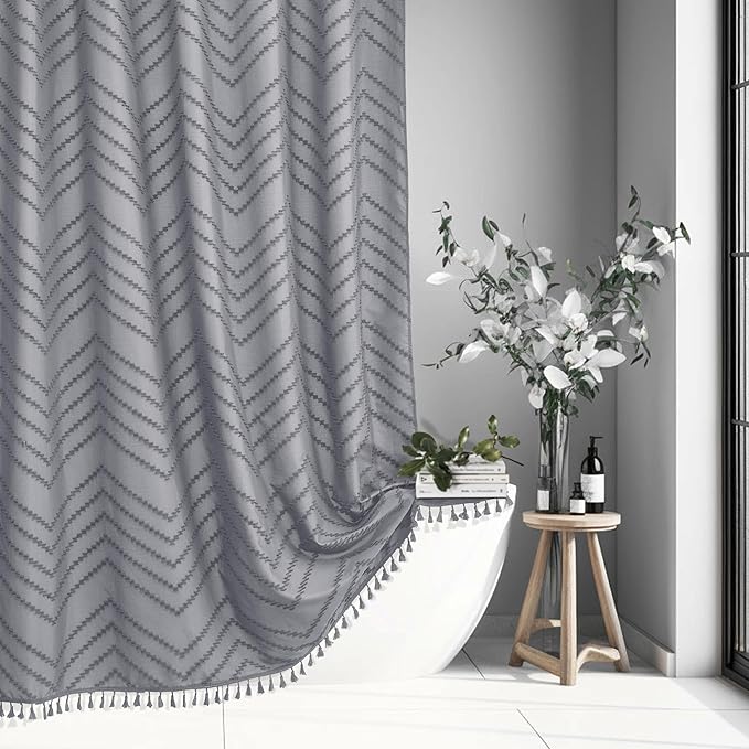 Extra Long Shower Curtains 72 x 78 Inches Tufted Chevron Light Gray Shower Curtains Fabric for Bathroom Modern Shabby Chic Waterproof Cloth Shower Curtain