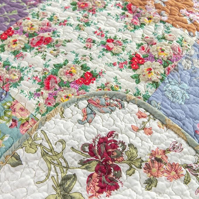 YAYIDAY Quilts Queen Size Patchwork Bedspread Set - 100% Cotton Reversible Breathable Floral Quilted Quilt with Pillow Shams Fit All Season