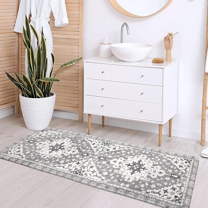Uphome Boho Vintage Bathroom Runner Rug Gray Non-Slip Soft Bedroom Rug Machine Washable Oriental Kitchen Rug Traditional Tribal Floral Floor Mats for Hallway Kids Room Entryway, 24x71 inch