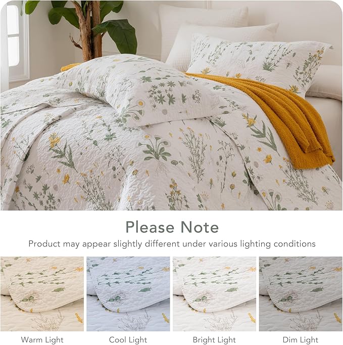 Lady Ann Oversized King Quilt 120x120, Cotton California King Size Quilted Bedding Set, Yellow Floral & Green Leaves Pattern Printed Cottagecore Coverlet Set Shabby and Chic Bedspread, 3 Pcs