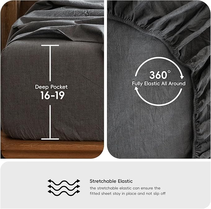 MooMee Bedding Sheet Set 100% Washed Cotton Linen Like Textured Breathable Durable Soft Comfy (Heathered Dark Grey, California King)