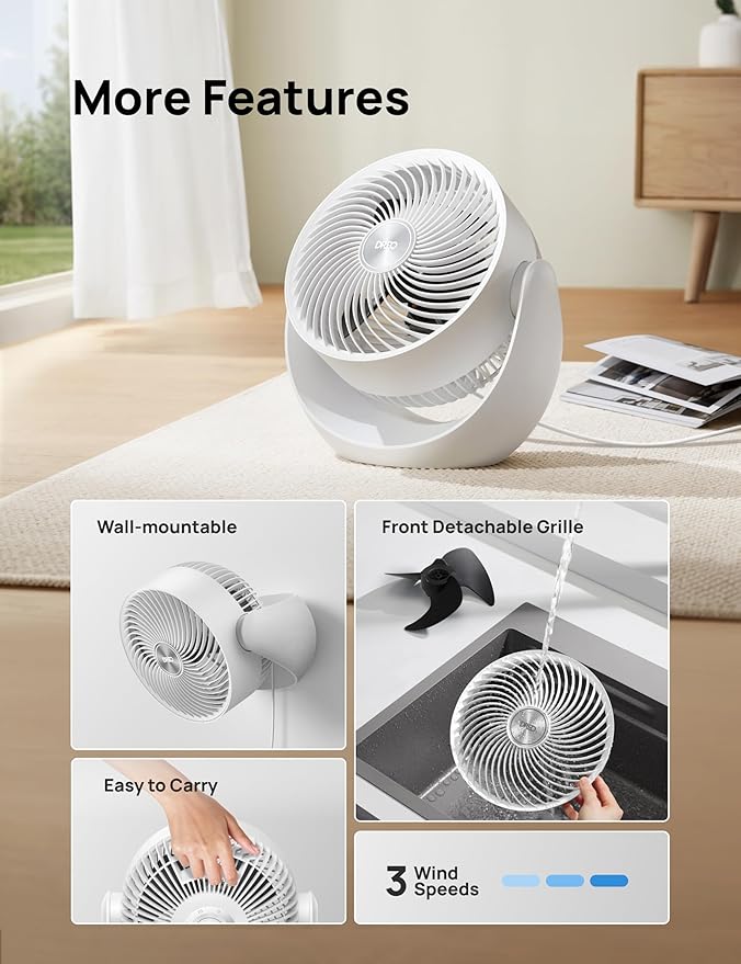 Dreo Fan for Bedroom, Table Air Circulator for Whole Room, 11 Inch, 40ft Strong Airflow, 120ยฐ Adjustable Tilt, 28db Low Noise, Quiet, 3 Speeds, 2025 New Desk Fan for Office, Kitchen, Home