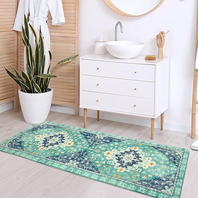 Uphome Boho Retro Hallway Runner Rug Green Non-Slip Soft Bathroom Rugs Oriental Machine Washable Runner Rug Traditional Tribal Floral Carpet for Bedroom Kids Room Entryway, 24x71 inch