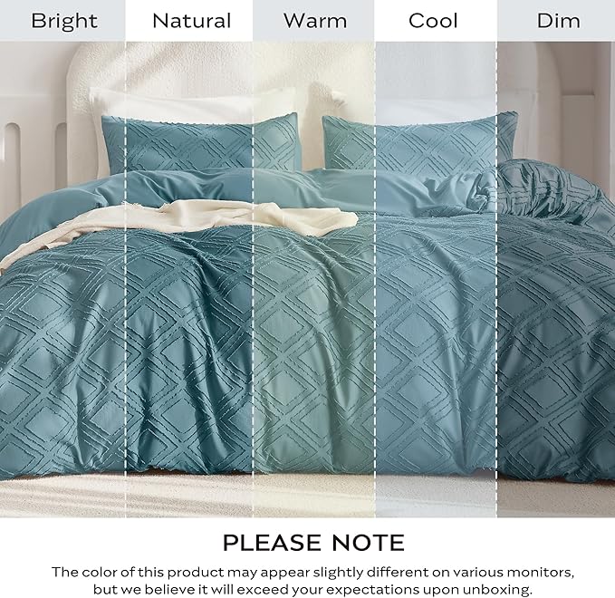 JELLYMONI Duvet Cover Full Size Grayish Blue - 3PCS Boho Duvet Cover Set Plaid Polyester Tufted Bohemian Jacquard Knit Textured Comforter Cover 80×90in Rhombic Geometric Pattern Corner Ties & Zipper