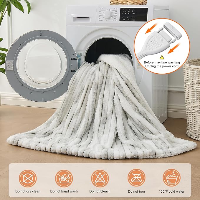 Heated Blanket Twin - 62"x84" Fast Heating Bed Electric Blankets with 6 Heating Levels & 10 Hours Auto Off, Soft Ribbed Faux Fur Sherpa, Over-Heated Protection ETL, Light Gray