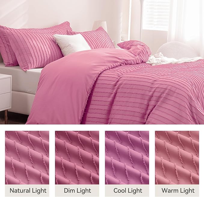JELLYMONI Duvet Cover King Size Bright Pink - 3PCS Boho Striped Duvet Cover Set Polyester Tufted Bohemian Textured Comforter Cover with Corner Ties & Zipper Closure