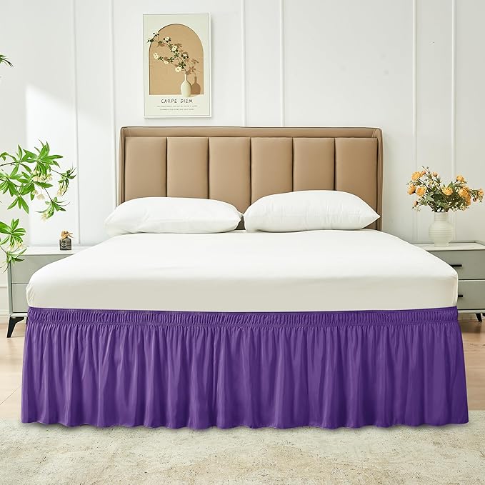 Biscaynebay Wrap Around Bed Skirts for Full & Full XL Beds 15" Drop, Purple Adjustable Elastic Dust Ruffles Easy Fit Wrinkle & Fade Resistant Silky Luxurious Fabric Machine Washable
