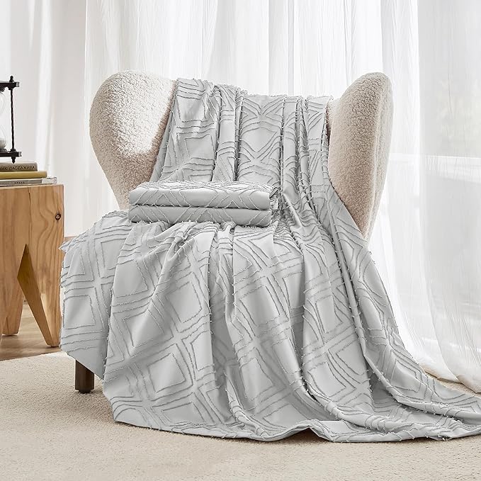 JELLYMONI Duvet Cover Twin Size Light Grey - 3PCS Boho Duvet Cover Set Plaid Polyester Tufted Bohemian Jacquard Knit Textured Comforter Cover 68×90in Rhombic Geometric Pattern Corner Ties & Zipper