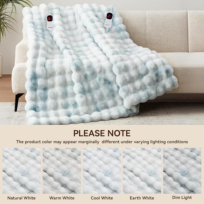Heated Blanket King Size with 1/2/4/6/8 Hours Auto-Off 10 Heat Level, 90'' * 100'' Cozy Faux Rabbit Fur Bubble Electric Blanket with Overheat Protection(Tie-Dye Blue)