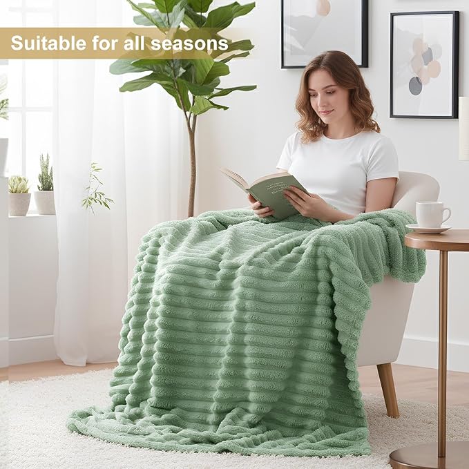 decorUhome Christmas Soft Fleece Sage Green Blanket Queen Size for Bed, Cozy Fluffy Plush Flannel Large Striped Throws for Couch Sofa, Lightweight Decorative Fuzzy Blanket for Woman, 90x90 Inches