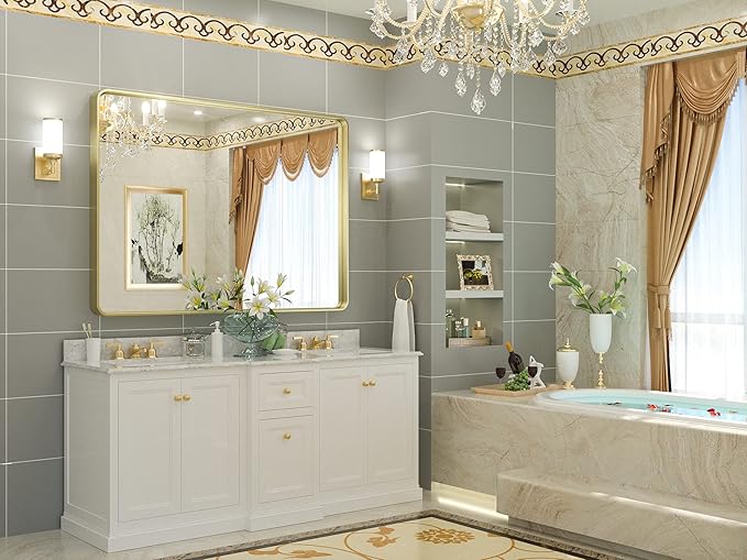 TETOTE 48 x 36 Inch Gold Bathroom Mirror, Champagne Gold Brushed Metal Framed Modern Vanity Mirror, Brushed Brass Rectangle Decorative Wall Mirrors Shatterproof (Horizontal/Vertical)