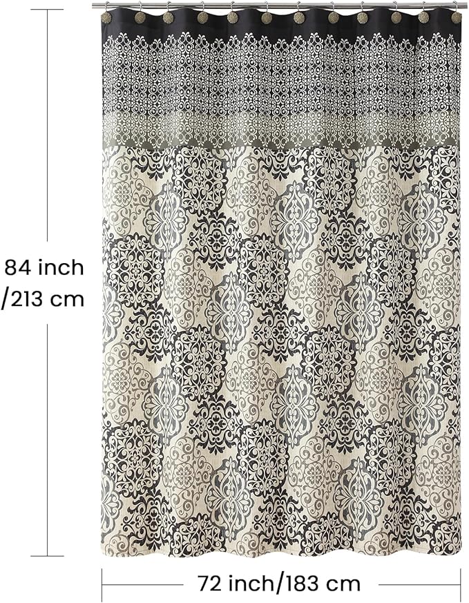 Extra Long Fabric Shower Curtain, Black and Beige Boho Medallion Print Shower Curtains for Bathroom, 72" W x 84" H