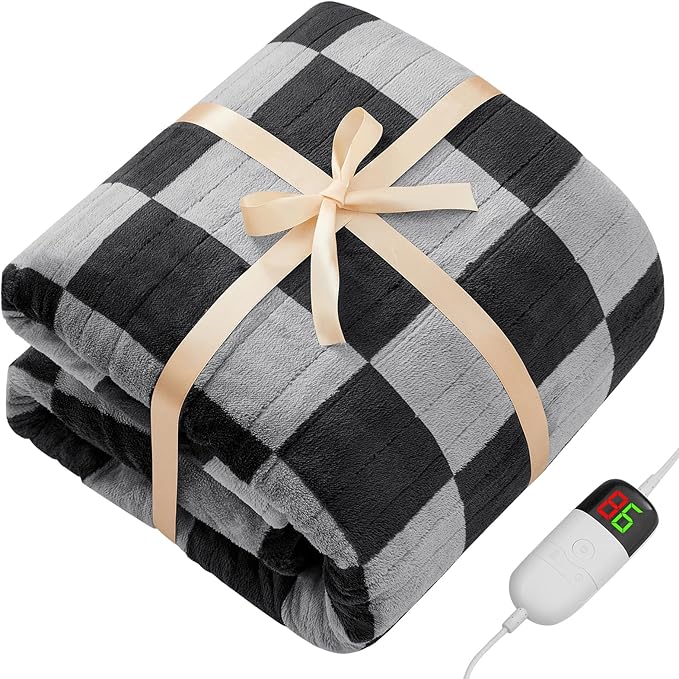 Heated Electric Blanketc Throw, 50X60 Heating Blanket with 10 Heat Level & 8 Hours Auto Off for Lap, Black Gray Checkered Plaid Soft Sherpa Blankets Warmer Gifts for Couch Grandma Women Adults