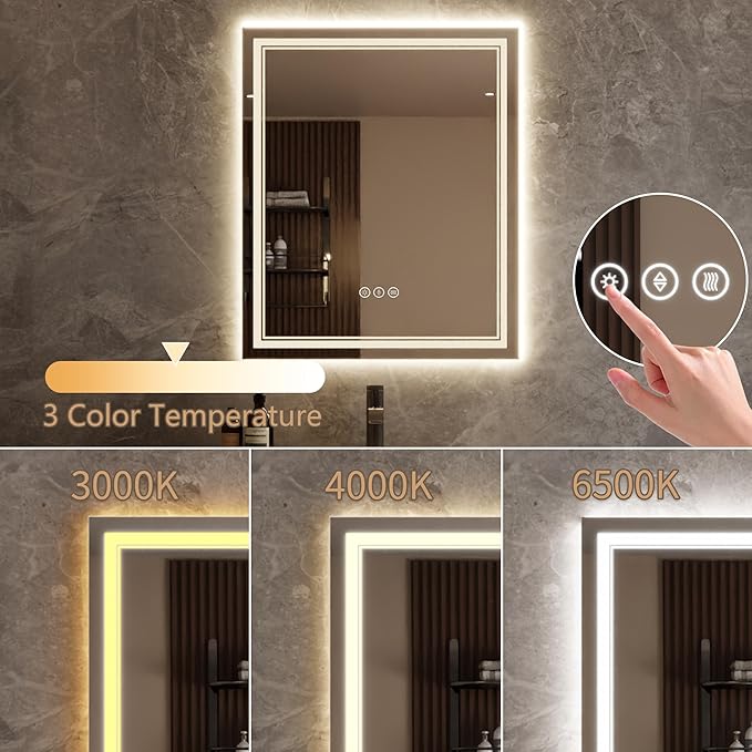 Bathroom Mirror with Lights 30"X36" with Front Light and Backlit, Tempered Glass, Wall Mount Horizontal/Vertical, Stepless Dimmable, 3 Colors, Anti Fog, Bathroom Memory LED Mirror
