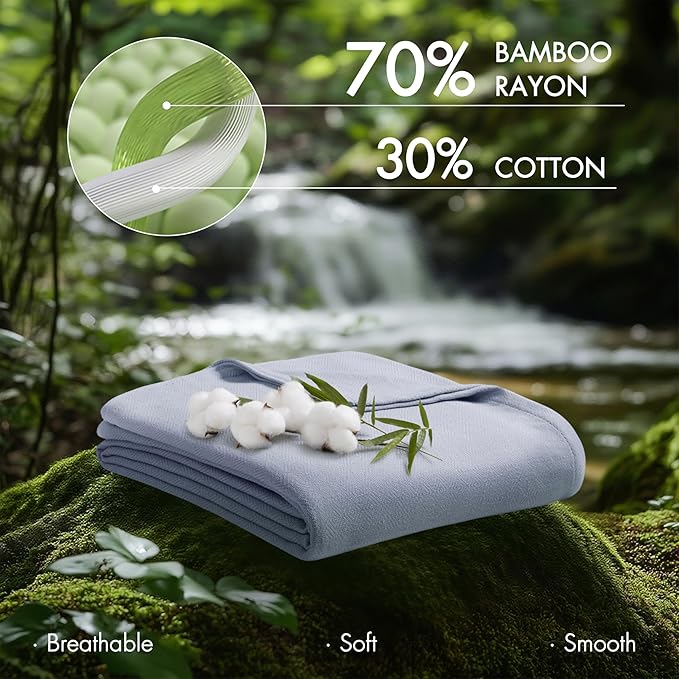 Madison Park King Size Blanket, 70% Rayon Bamboo-Based, 30% Cotton, Breathable for Hot Sleepers Menopause, Ultra Soft and Snag-Resistant, Summer Blanket for Bed or Couch, King 108"x90", Light Blue