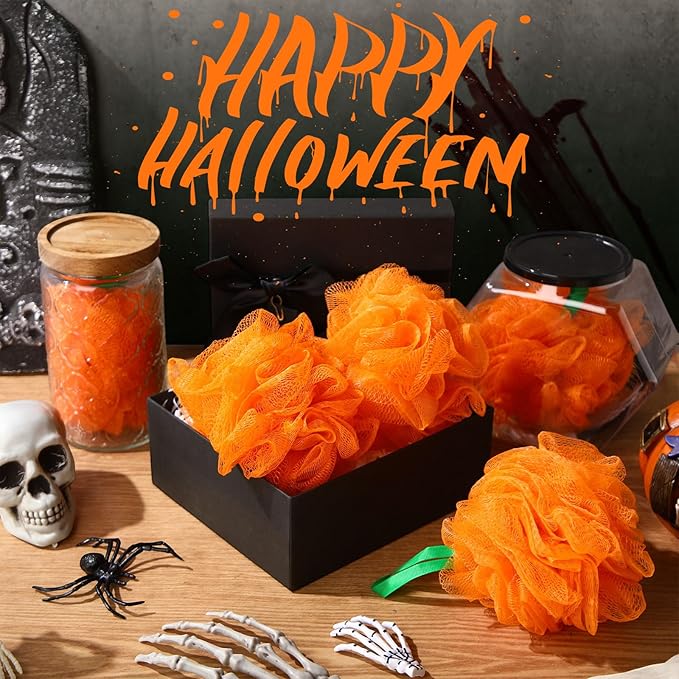 12 Pcs Thanksgiving Bath Loofah Sponge Orange Harvest Loofah Exfoliating Body Scrubber Shower Sponge 50g Mesh Shower Pouf Balls Gift Set for Women Men Bathing Accessories(Orange)