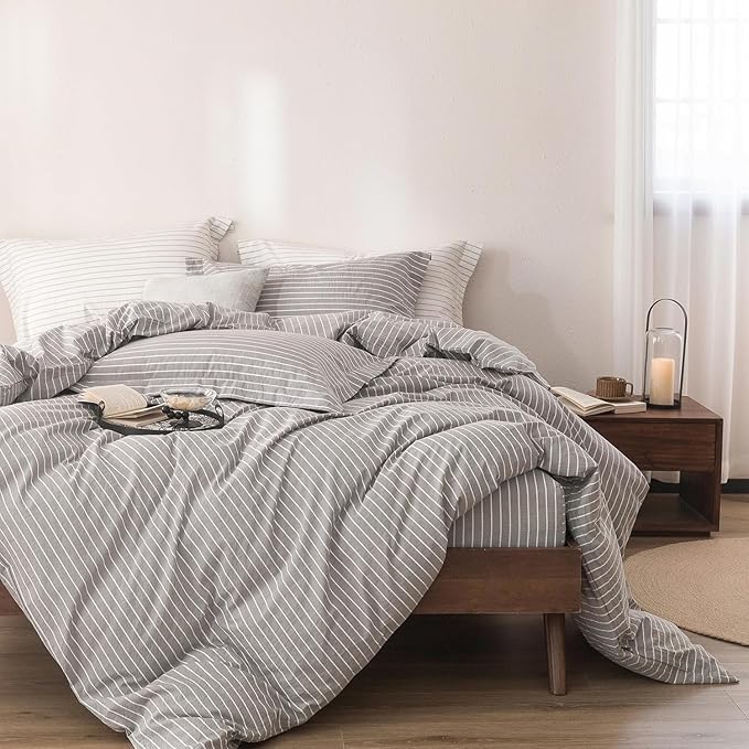 Stripe Duvet Cover Super Queen Size 98inch x 90inch, 100% Washed Cotton Linen Feel Duvet Cover with Zipper Closure and 2 Pillowcases, Color of Grey-White Stripe