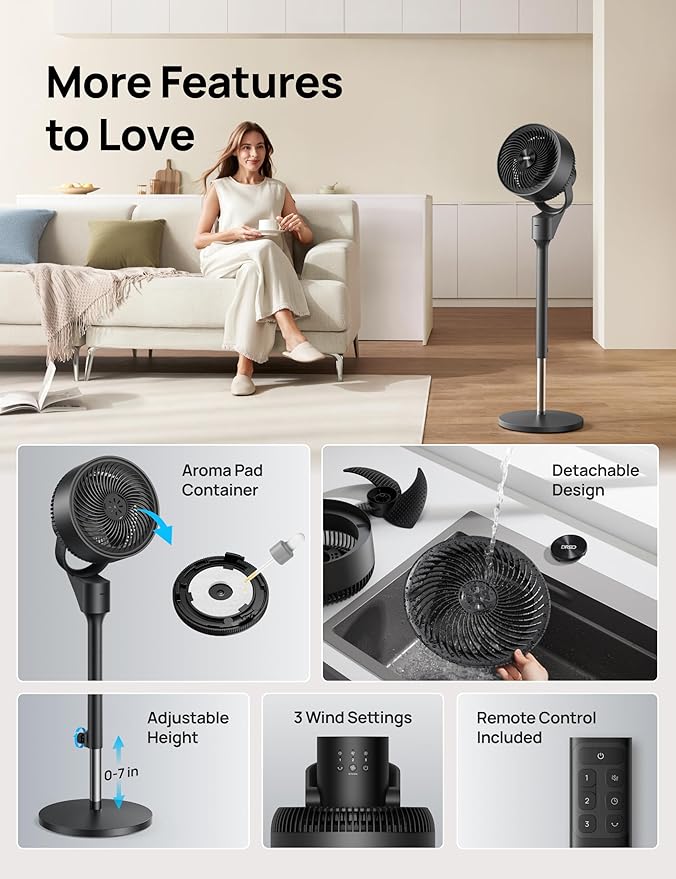 Dreo Fan for Bedroom, 80Β° Oscillating Standing Fan, 25dB Quiet, 80ft Pedestal Fans for Home Office, 90Β° Manual Vertical, 3 Speeds, Remote, 34-41" Adjustable Height, Air Circulator
