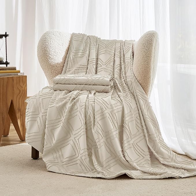 JELLYMONI Duvet Cover King Size Light Khaki - 3PCS Boho Duvet Cover Set Plaid Polyester Tufted Bohemian Jacquard Knit Textured Comforter Cover 104×90in Rhombic Geometric Pattern Zipper Corner Tie