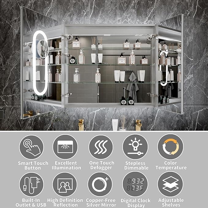 36"x32"Lighted Medicine Cabinet with Mirror,Recessed or Surface Mount LED Medicine Cabinet, Front&Backlit, Clock Temp Display, Anti-Fog, Stepless Dimming, 3-Color Temperatures, Adjustable Shelves