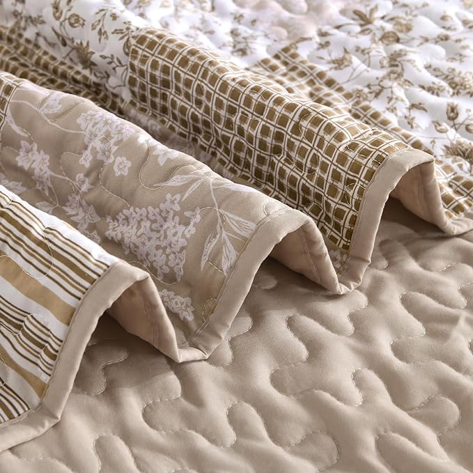Mybedsoul Beige Boho Quilt Set King Size, 3 Pieces Plaid Floral Bedspread Set Patchwork Reversible Bedding Set Microfiber Bedding Bedspread Coverlet Set for All Season 90"x104"