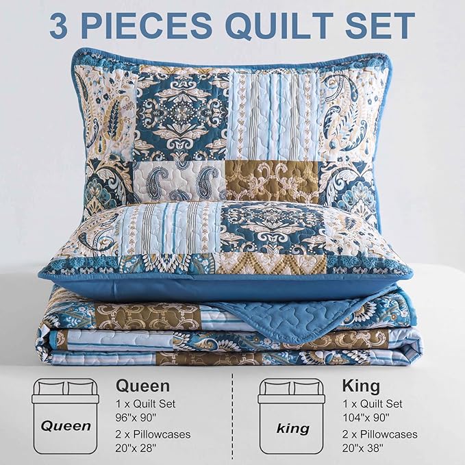 WONGS BEDDING Boho Quilt Set King Size, Blue Patchwork Plaid Bedspread Bedding Sets Paisley Soft Microfiber Quilts for King Bed 3 Pieces Coverlet Set for All Season (104"x90")