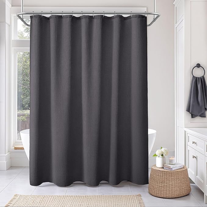 Extra Long Waffle Shower Curtain - Charcoal Gray Cotton Texture Fabric Heavyweight Shower Curtain for Bathroom,72Wx84L