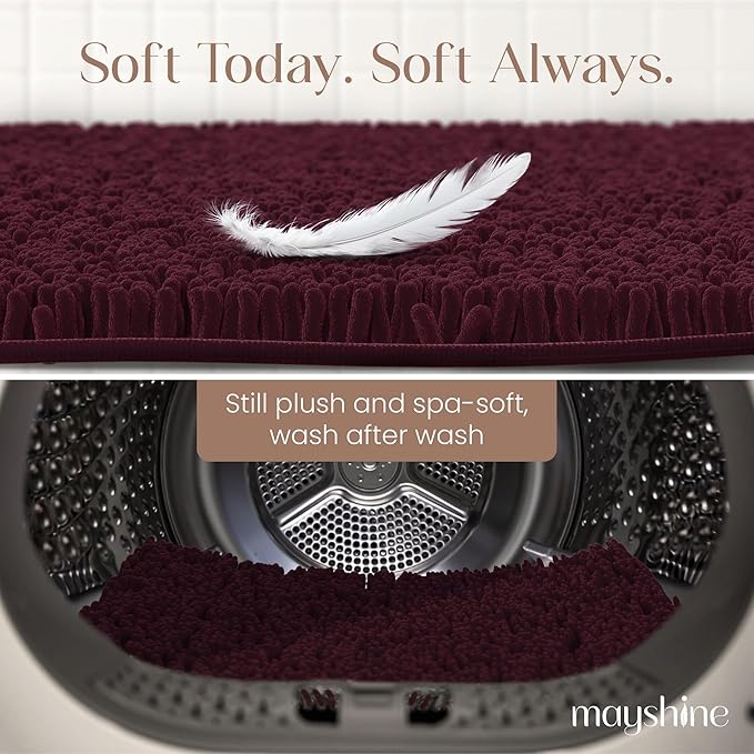 MAYSHINE Plush Shaggy Chenille Bath Mat | Extra Soft, Super Absorbent, Non-Slip Bathroom Rug | Fluffy Microfiber, Area Rug Sets for Bathroom Floor, Kitchen, Living Room | 47"x27" | Burgundy