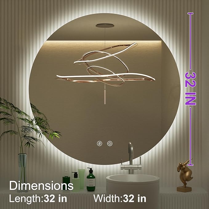 32 Inch Round LED Bathroom Mirror with Light, 3 Color Temperatures (3000K/4500K/6000K), Anti-Fog, Dimmable Backlit, Frameless Round Vanity Mirror with Lights