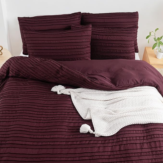 NEXHOME PRO Duvet Cover Full Size, Blue 3 Pieces Boho Tufted Duvet Cover Set, Soft and Lightweight Microfiber Comforter Cover Set for All Season (Burgundy,80 x 90)-No Comforter