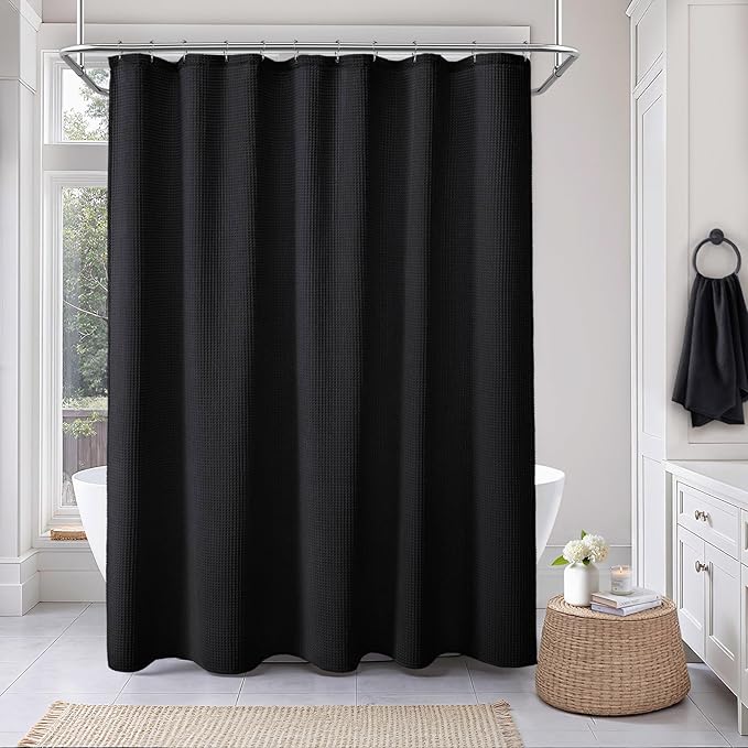 Waffle Weave Shower Curtain - Black Cotton Fabric Texture Heavyweight Shower Curtain for Bathroom,Washable,72Wx72L