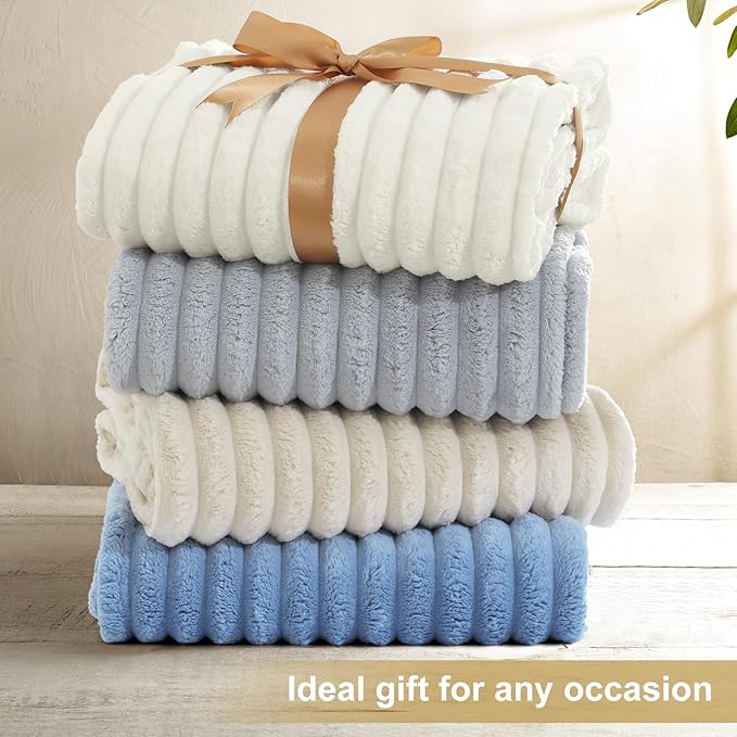 decorUhome Christmas Soft Fleece Sage Green Twin Blanket for Bed, Cozy Fluffy Plush Flannel Striped Throws for Couch Sofa, Lightweight Decorative Ribbed Fuzzy Blanket for Woman, 60x80 Inches