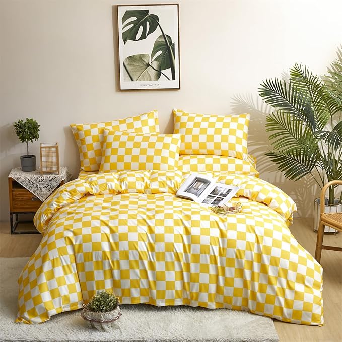 KAREVER Yellow White Grid Comforter Set Cal King Yellow Plaid Bedding Set Women Yellow White Checkered Bed Blanket Set Men Breathable Durable Bedding Comforter Set