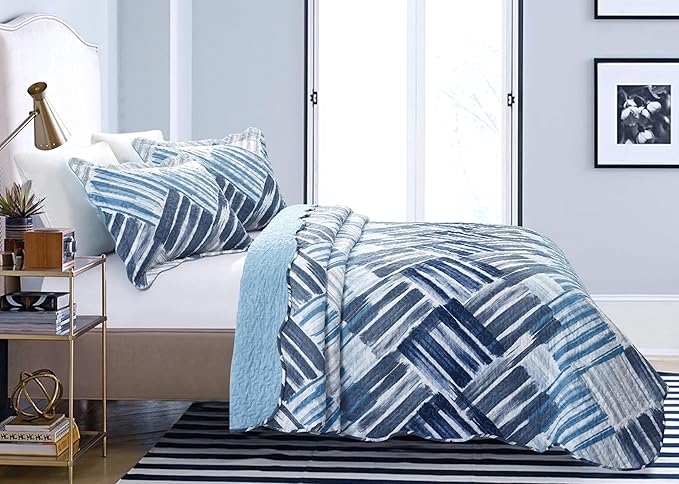 Brilliant Sunshine Blue and Grey Stripe Blocks Patchwork, 3-Piece Quilt Set with 2 Shams, Reversible Bedspread, Soft Lightweight Coverlet, All-Season, Full/Queen, Blue Grey