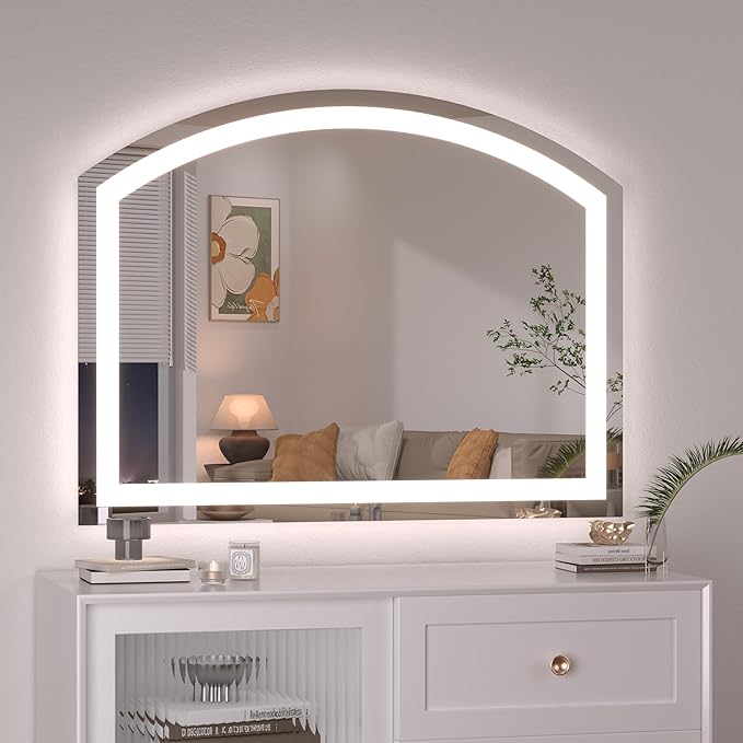Hasipu 36x28 Inch LED Bathroom Mirror Arch Vanity Mirror with Lights Frontlit Smart Touch Sensor Dimmable 3 Colors Temperature Shatterproof Wall-Mounted Vanity Mirror Metal Frame