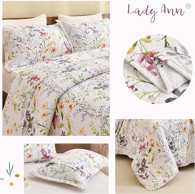 Lady Ann Oversized Cal King Bedspreads for Extra Bed 120x120, Wild Floral Printed Quilt Set 100% Cotton Flower Botanical Pattern Bedding, Vintage Coverlet with Pillow Shams for All Season, 3 PCS