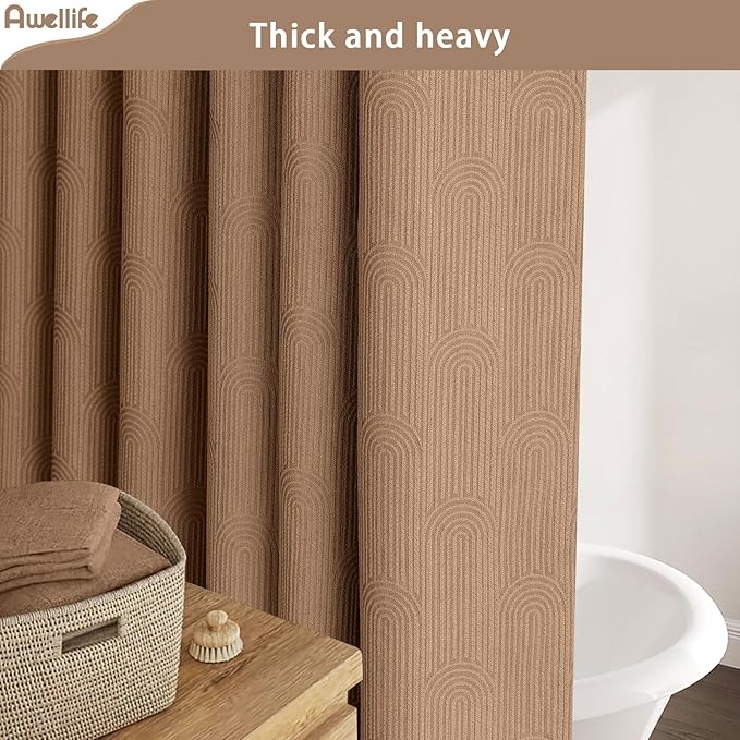Awellife Boho Shower Curtains for Bathroom Cotton Fabric Touch Brown Bohemian Mid Century Minimalist Arch 72" L X 72" W