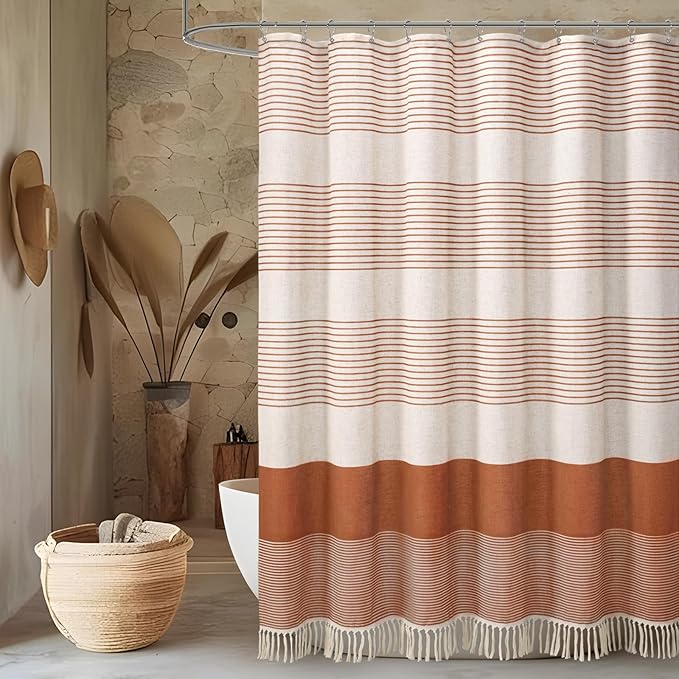 Awellife Farmhouse Shower Curtains for Bathroom,Boho Orange Flax Texture Striped Shower Curtain Shower Curtain with Tassels Rustic Neutral 72x72