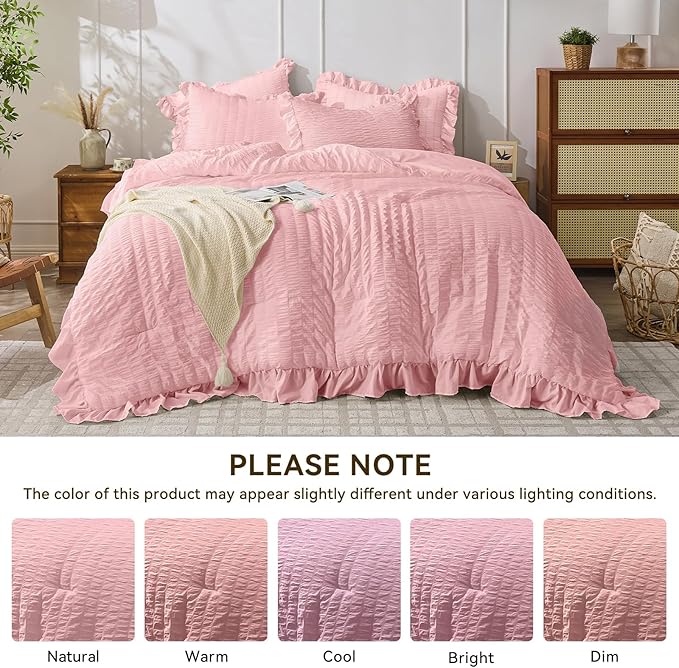 JOLLYVOGUE Pink Twin Size Comforter Set, 2 Pieces Seersucker Lightweight Fluffy Bedding Set, Twin Ruffle Comforter, All Season Soft Microfiber Shabby Chic Bed Set