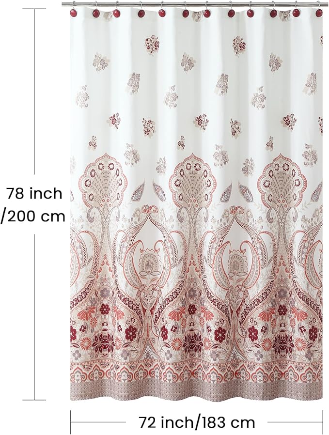 Long Shower Curtain 72x78 Inch - Water-Repellent Off-White Premium Fabric with Burgundy Terracotta Taupe Paisley Floral Design