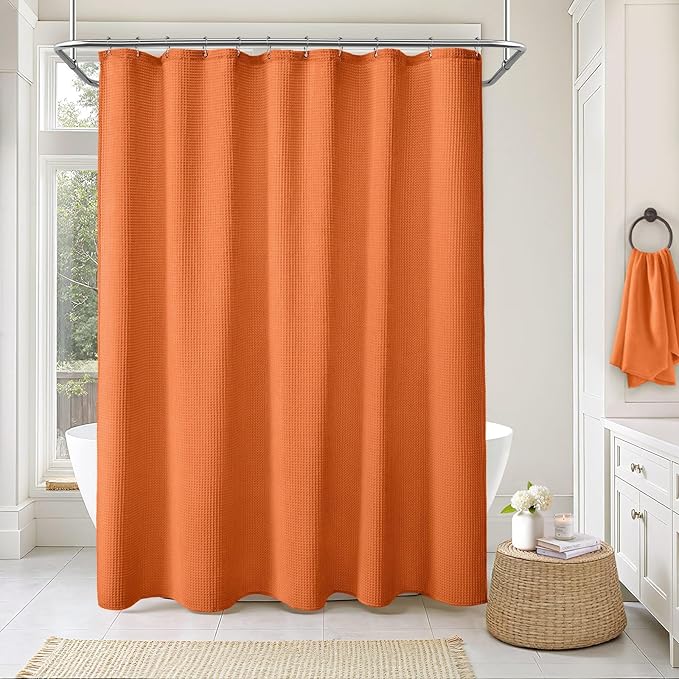 Waffle Weave Shower Curtain - Orange Cotton Fabric Texture Heavyweight Shower Curtain for Bathroom,Washable,72Wx72L