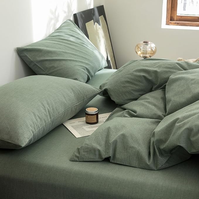FOSSA Duvet Cover Set 100% Washed Cotton Linen Feel Super Soft Breathable Cozy Simple Style 3 Pieces Bedding Sets Solid Heathered Green Super King